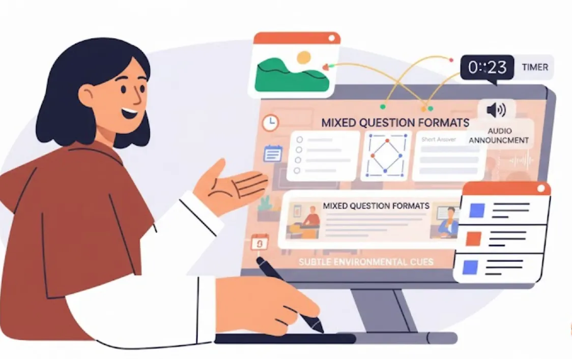 Illustration of Ava designing a quiz interface that includes a timer, audio announcement, mixed question formats, and environmental cues.