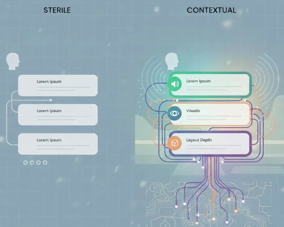 Side-by-side diagram comparing a sterile interface with simple cards to a contextual interface with rich visuals, audio cues, and spatial depth.