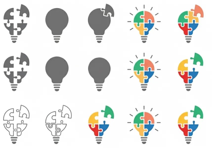 Illustration of a designer at a monitor with layout sketches, color palettes, and content reorganization tools.