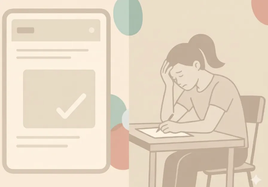 Split illustration: clean digital quiz interface on the left, a stressed student writing on paper at a desk on the right.