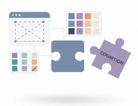 Illustration of interface mockups, color palettes, and two puzzle pieces — one labeled 'Cognition' — about to connect.