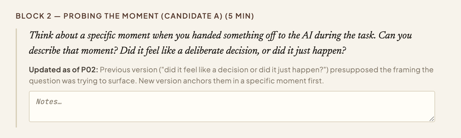 One question from the live interview guide, with a note recording how the question was revised after the second participant.