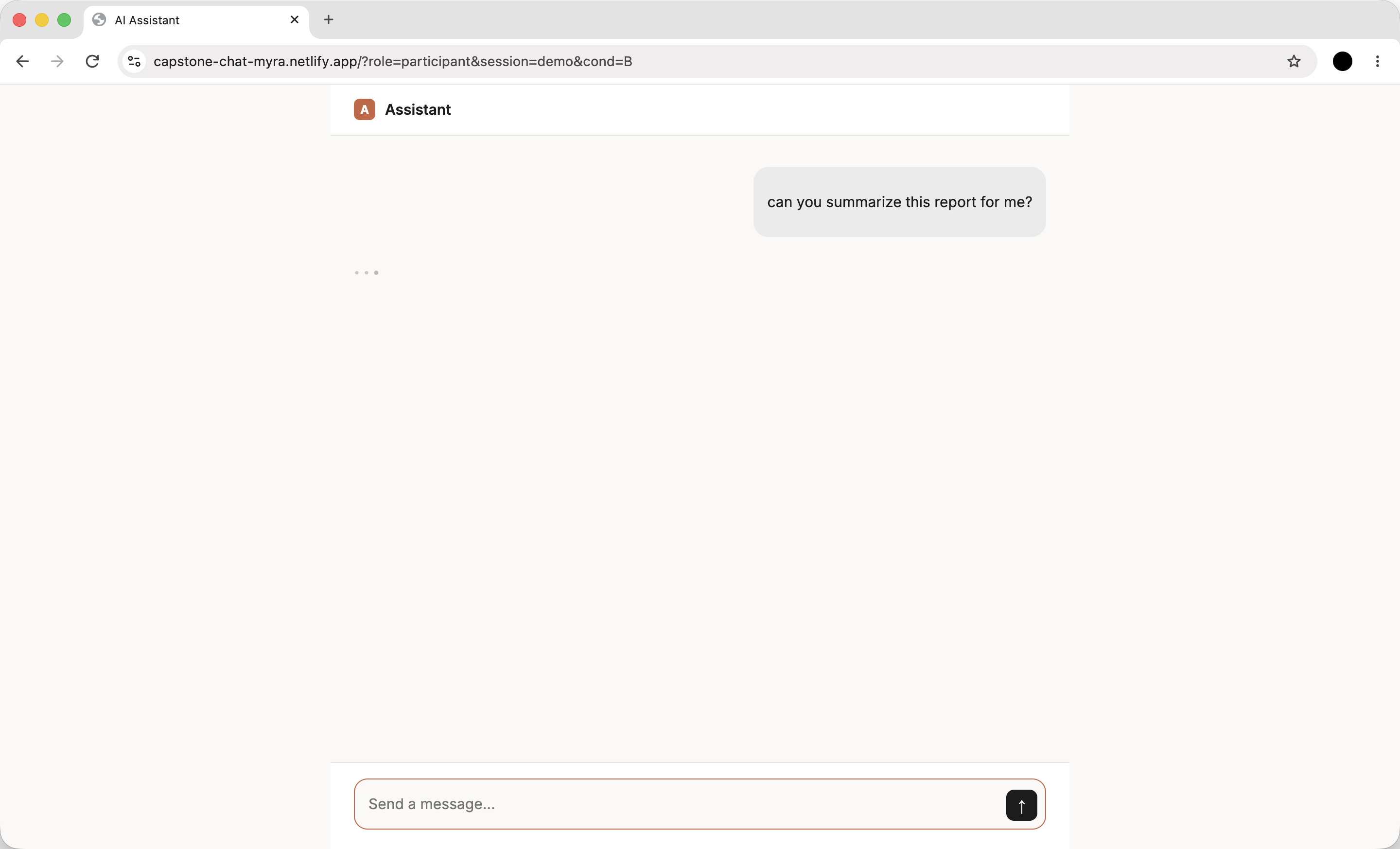 The participant's browser window: a plain AI assistant with the message can you summarize this report for me, and the assistant typing.