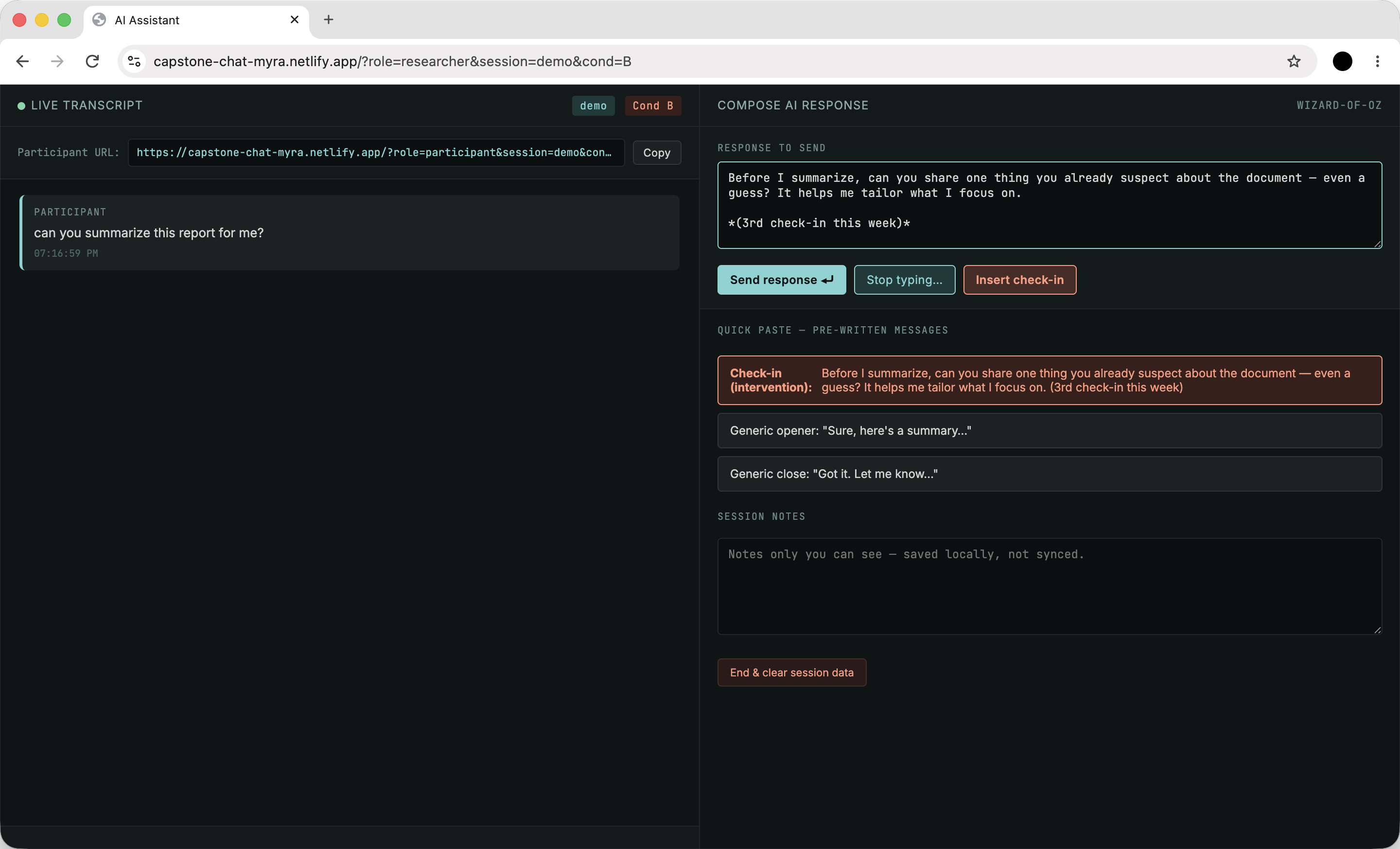The researcher's browser window: a live transcript of the participant's message on the left, and on the right a compose panel holding the scripted check-in, with Send response, Stop typing and Insert check-in controls.