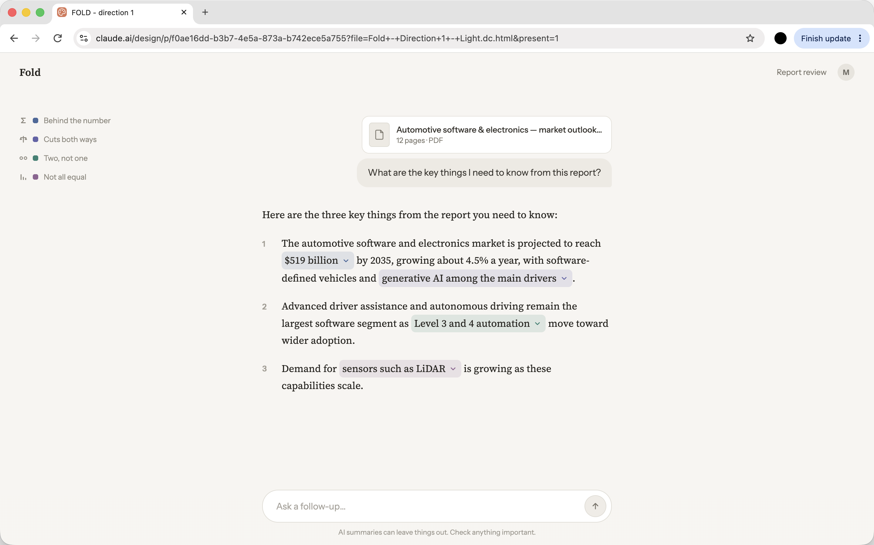 The full Fold screen with the legend visible: marked phrases in the summary, each coloured by the kind of cut it is.
