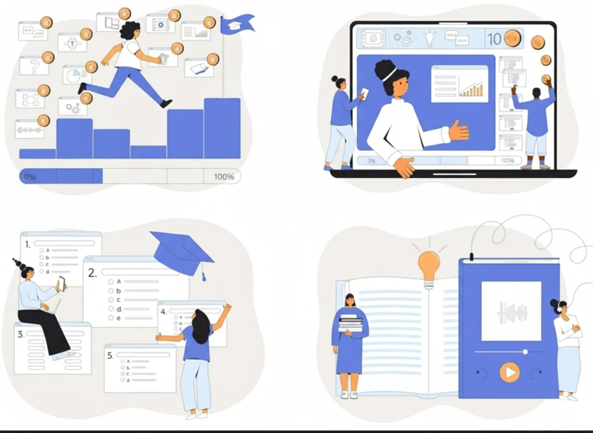 Four-panel gamification illustration: progress bars, dashboards, quiz mockups, and a study companion app.