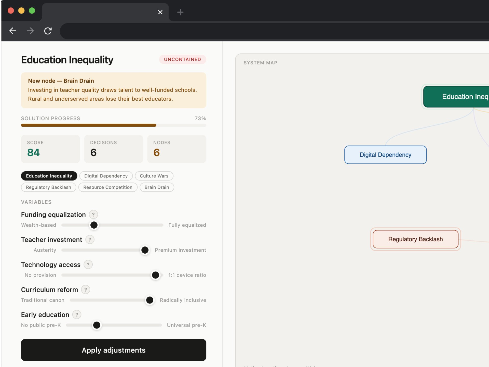 JustFixIt — Education Inequality scenario showing the variables panel and system map
