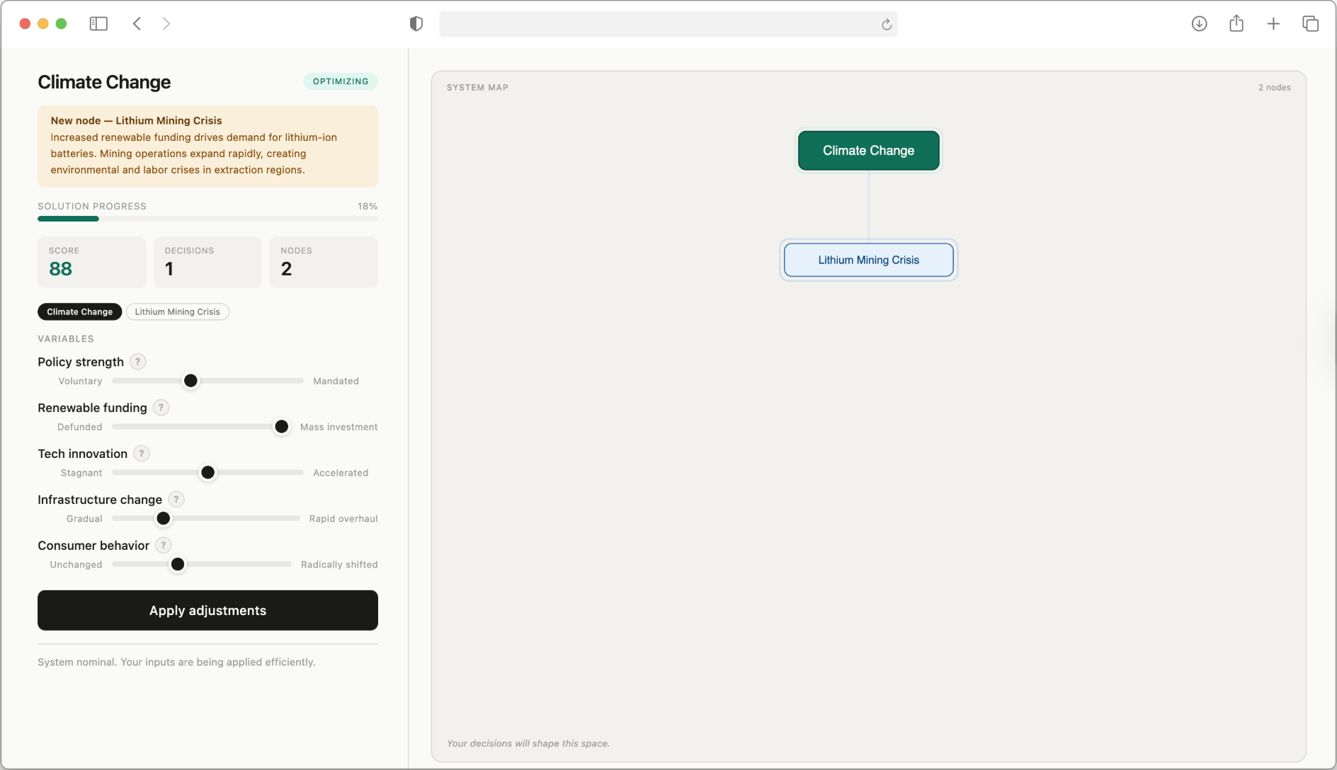 JustFixIt climate-change dashboard. Sliders for policy strength, renewable funding, tech innovation, infrastructure change, and consumer behavior on the left; a node map on the right showing Climate Change connected to Lithium Mining Crisis.