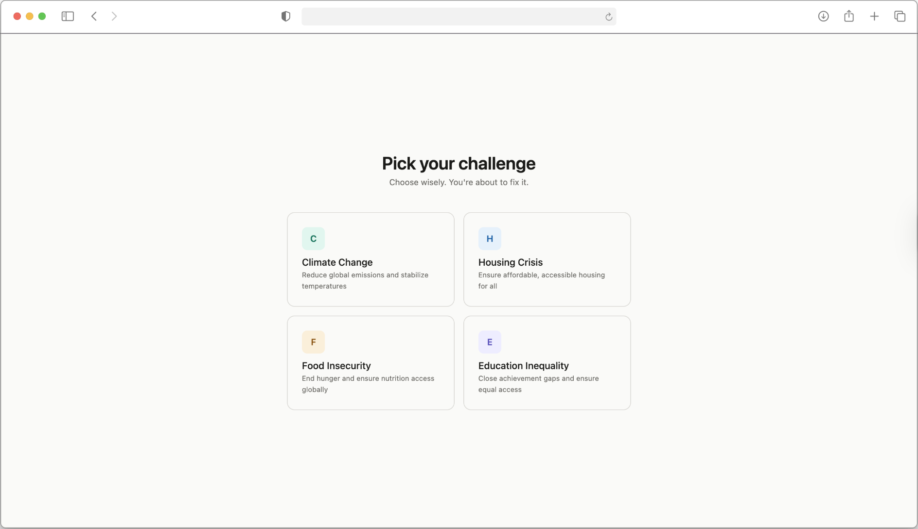 JustFixIt problem-selection screen showing four cards: Climate Change, Housing Crisis, Food Insecurity, and Education Inequality.