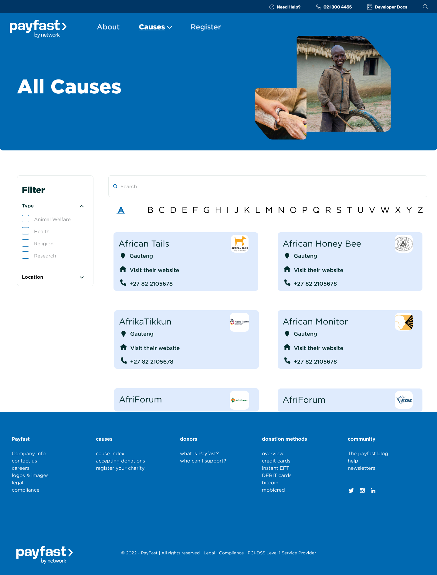 The redesigned All Causes page with alphabetical organization and filters by cause type and region