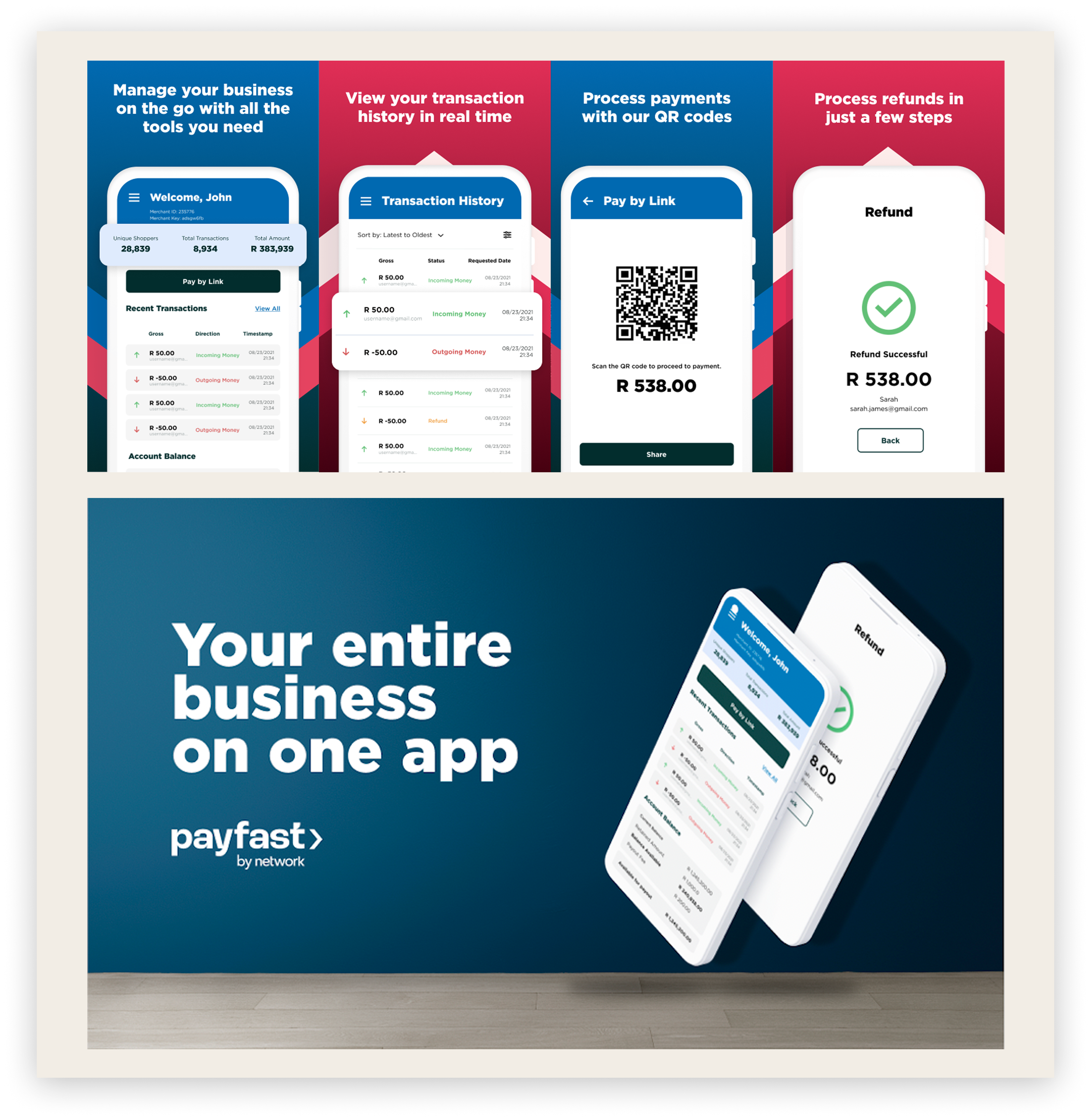 The four final merchant app listing screens with chevron continuous background and banner: dashboard, transaction history, pay by link, refund