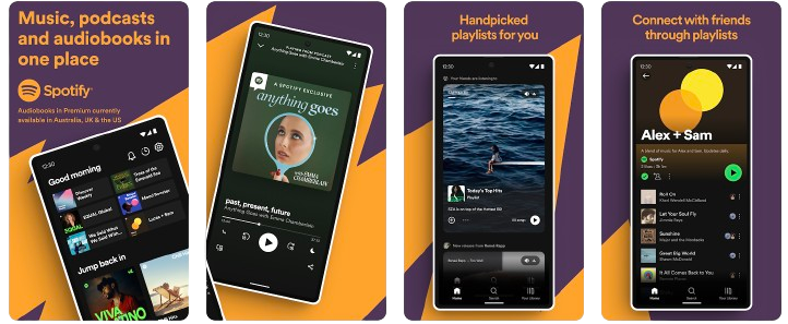 Spotify's app store listing showing a continuous background flowing across all four screens of the carousel