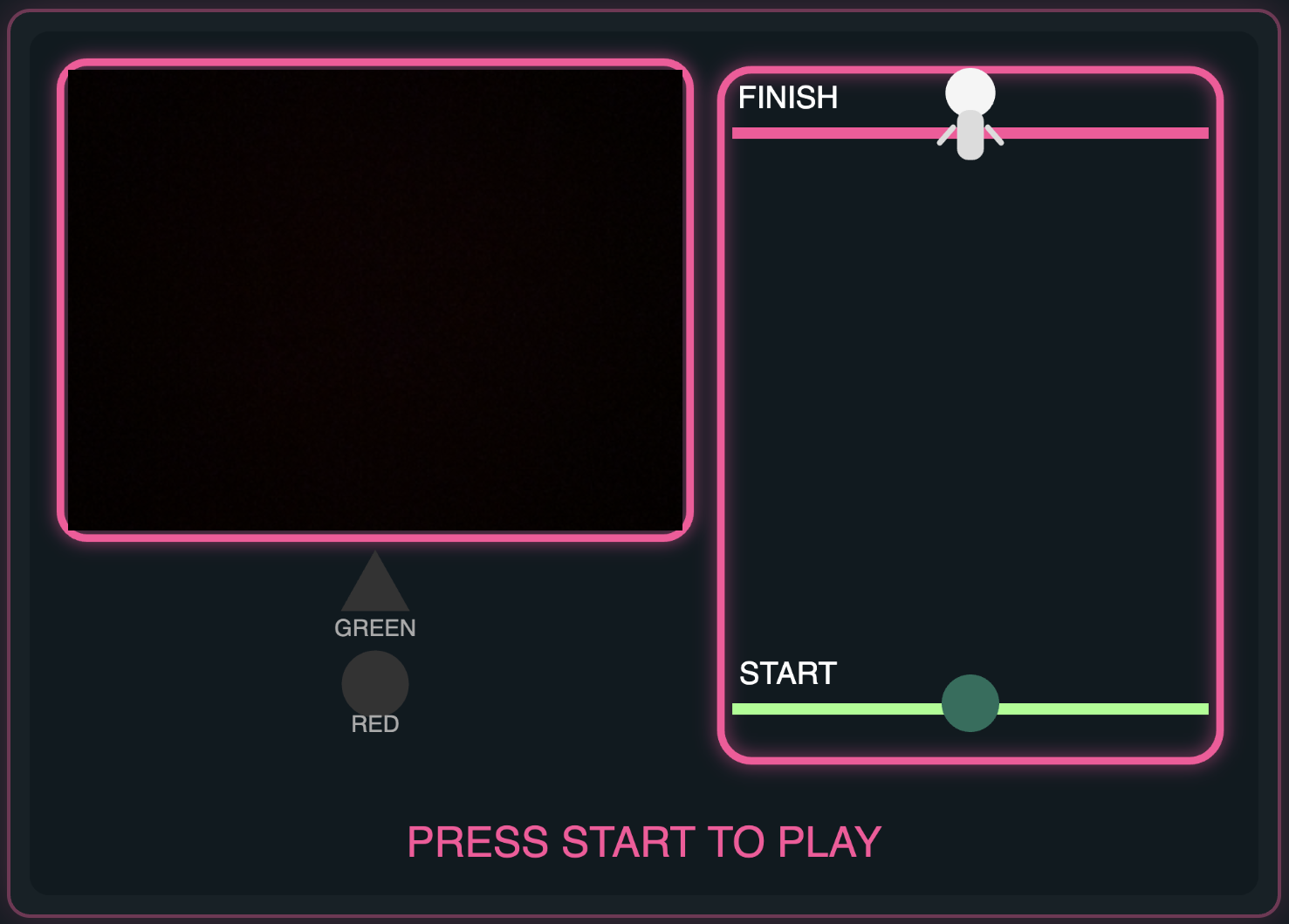 Red Light, Green Light — gesture-controlled prototype interface with neon pink outline, webcam panel, and game field with start and finish lines