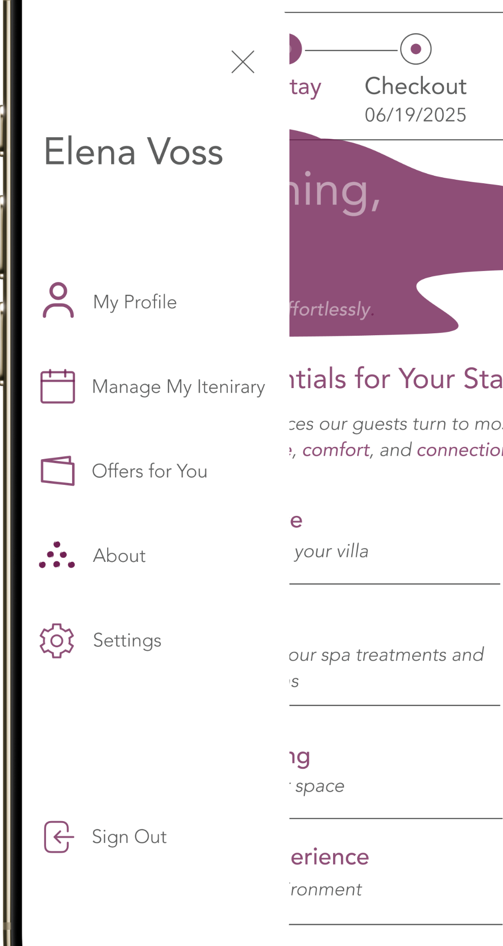 Six Senses dashboard with the brand logo at top-left expanded into profile, itinerary, preferences, and settings.