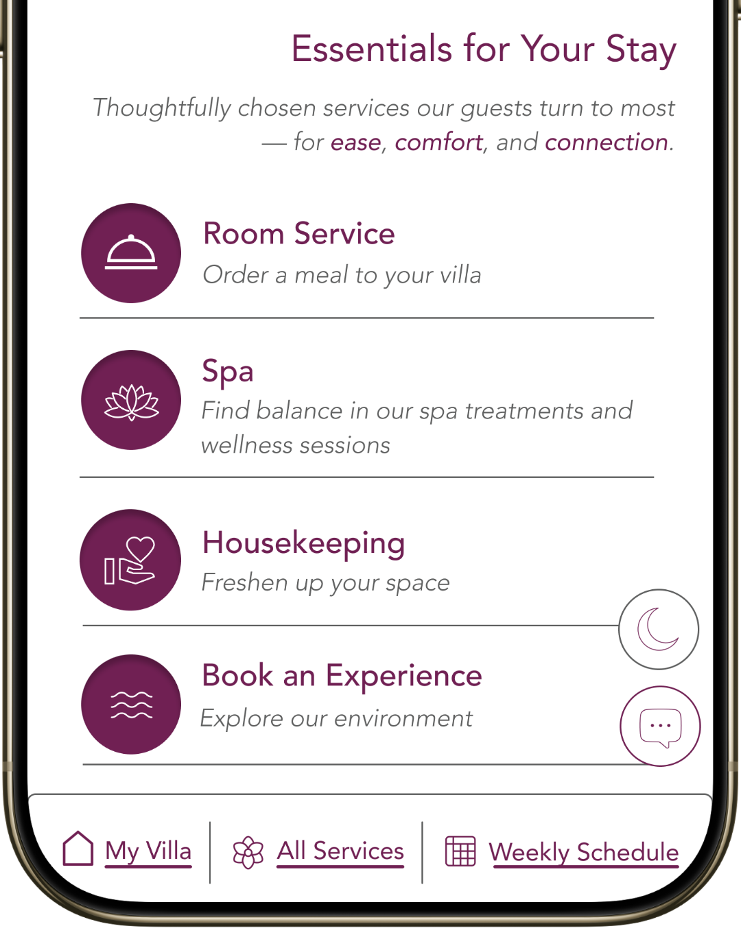 Six Senses dashboard with four primary service categories above the fold: Room Service, Spa, Housekeeping, Book an Experience.